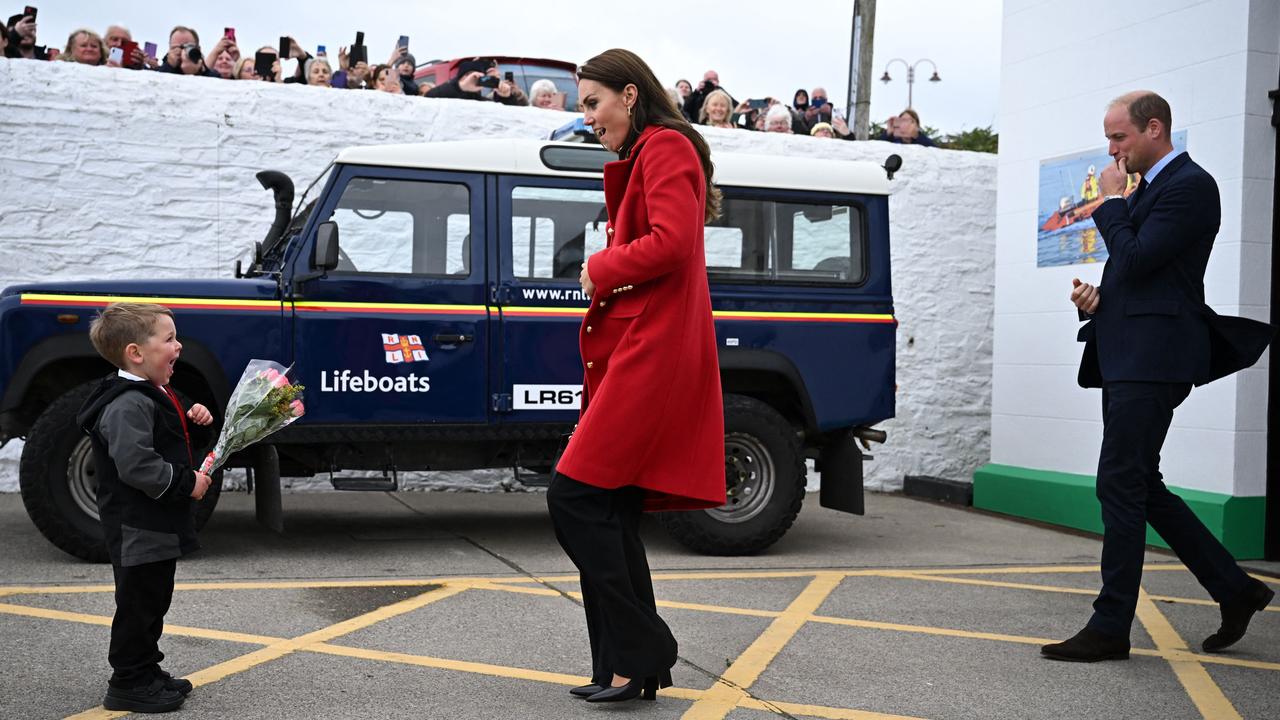 An overjoyed four-year-old, Theo Crompton, stole the show when he met the Prince William and Kate during their visit to the Holyhead Lifeboat Station in Anglesey, north west Wales on Tuesday. Picture: AFP