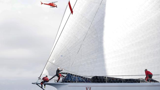 Wild Oats XI skippered by Mark Richards sails up the River Derwent on her way to a 9th line honours victory in the 2018 Sydney to Hobart Yacht Race. The yacht crossed the line in 1d 19hrs 7mins 21secs  . Picture: RICHARD JUPE