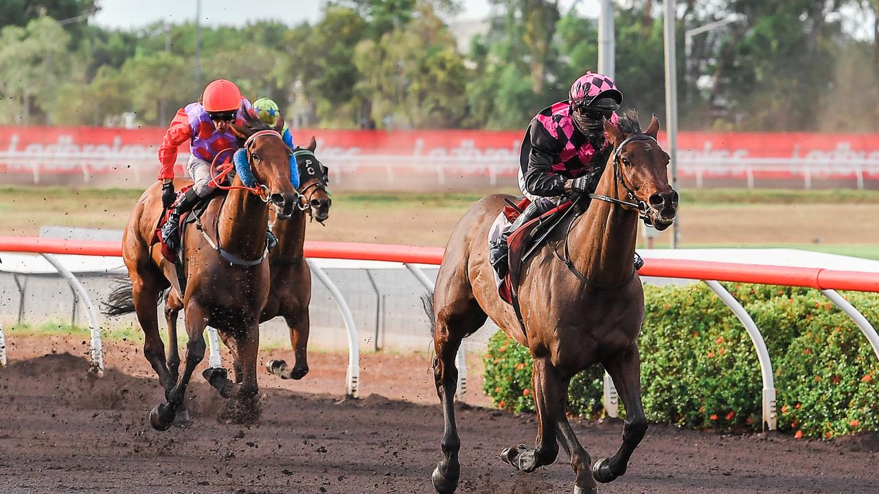 The Kym Hann trained Our Destrier with jockey Stan Tsaikos aboard won the Adelaide River Cup in 2022 after the meet was moved to Darwin because of feral pigs. Picture: Caroline Camilleri