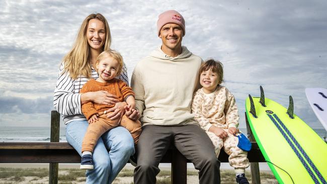 Coolum surfer Julian Wilson won’t be wife Ashley and their children River, 18 months, and Olivia 3, when he heads to the Tokyo Olympics. Picture: Lachie Millard