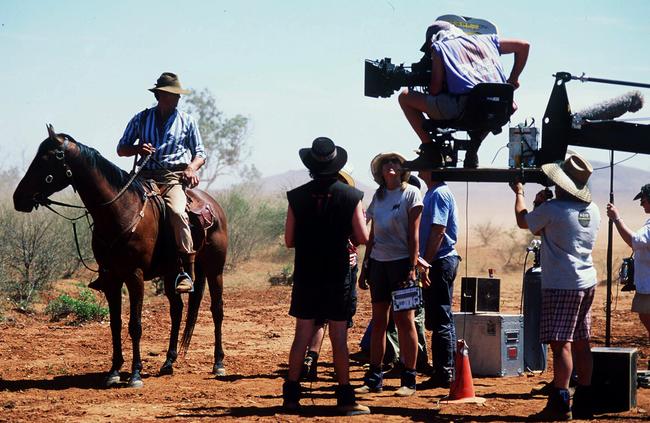 Actor William McInnes on horseback on location at Ooraminna during filming of film The Drover's Boy. Picture: Barry Skipsey McInnes