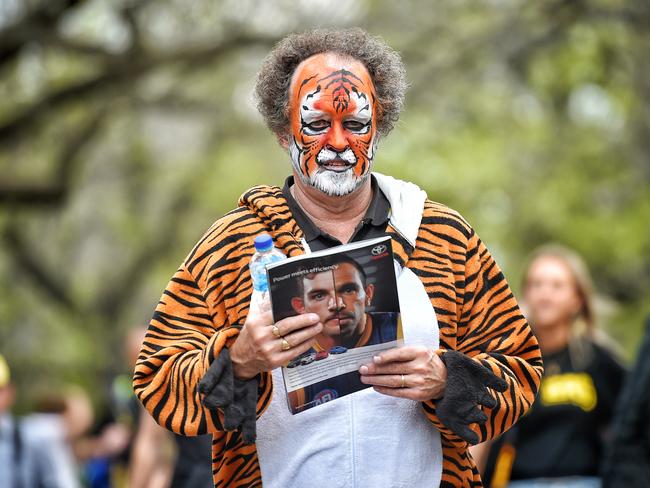 A Richmond Tigers fan outside the MCG. Picture: Jason Edwards