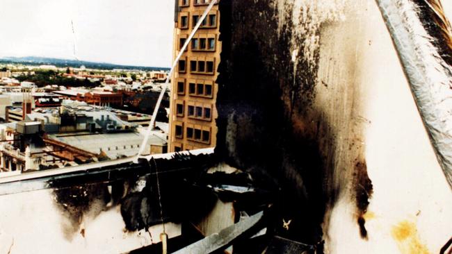 The damaged National Crime Authority building in Waymouth St, after the parcel bomb explosion.