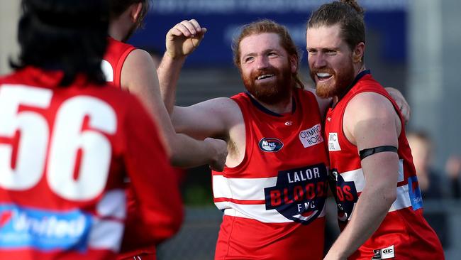 Lalor’s Michael Russell celebrates a goal during his side’s victory over Reservoir.