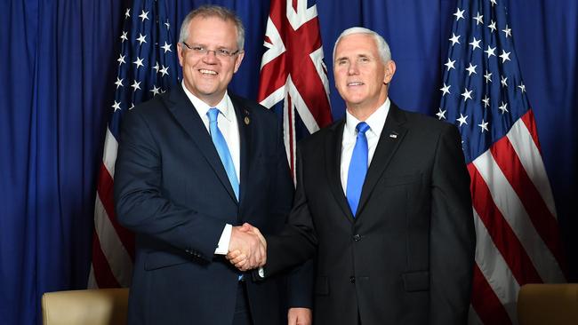 Scott Morrison with former US vice-president Mike Pence at the APEC summit in Port Moresby in 2018. Picture: AFP