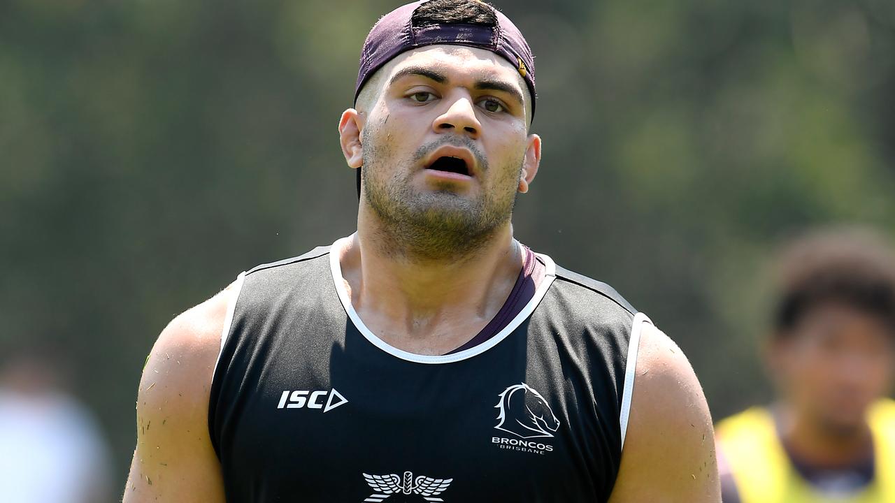 David Fifita of the Broncos is seen during the Queensland Reds and Brisbane Broncos joint training session in Brisbane, Saturday, December 7, 2019. (AAP Image/Albert Perez) NO ARCHIVING