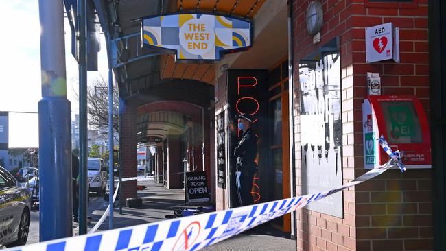 Crime scene tape at The West End hotel and bottle shop on Hindley St after it was robbed in the early hours of Wednesday morning. Picture: Mark Brake