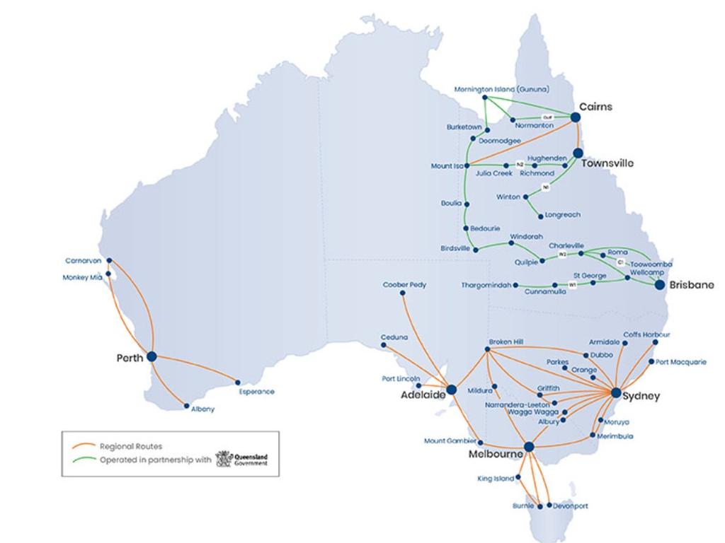 A map of the airline’s routes with the orange line representing regional routes.