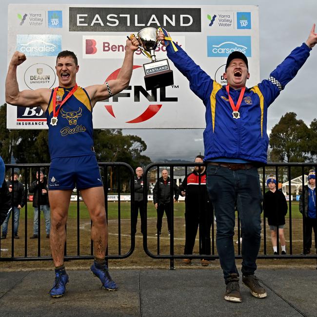 Noble Park captain Kyle Martin and coach Steve Hughes lift the cup. Picture: Andy Brownbill