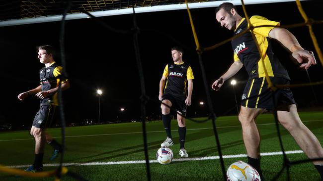 Seaford Rangers Jamie Dell, James Coley and Connor Fagan at Karingal Reserve in 2018. Picture: Tait Schmaal