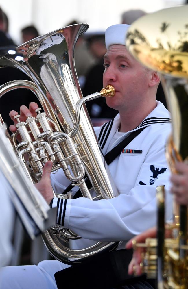 Dawn Service at Anzac Park for 83rd commemoration of Battle of Coral Sea. US Seventh Fleet Band member Musician 3rd Class Sean Eberlin. Picture: Evan Morgan