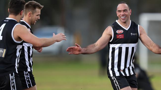 Cory McGrath celebrates a goal for Moonee Valley. Picture: Mark Dadswell