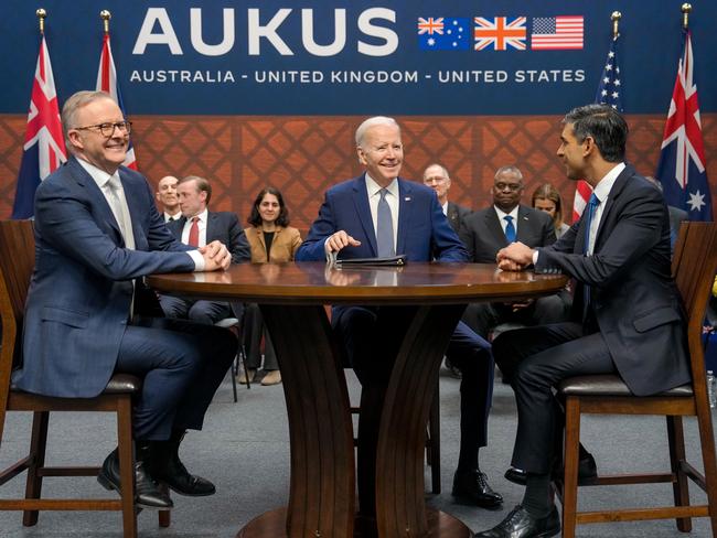 14/3/2023: US President Joe Biden (C) participates in a trilateral meeting with Australian Prime Minister Anthony Albanese (L) and British Prime Minister Rishi Sunak (R) during the AUKUS summit on March 13, 2023 in San Diego, California. Picture: US Embassy Australia