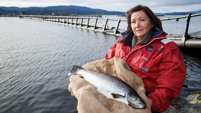 Co-founder of Huon Aquaculture Frances Bender at the salmon farming facility at Hideaway Bay in southern Tasmania. Picture: Peter Mathew