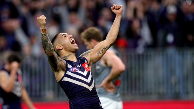 Michael Walters lets out a scream after kicking a goal against the Power. Picture: AAP