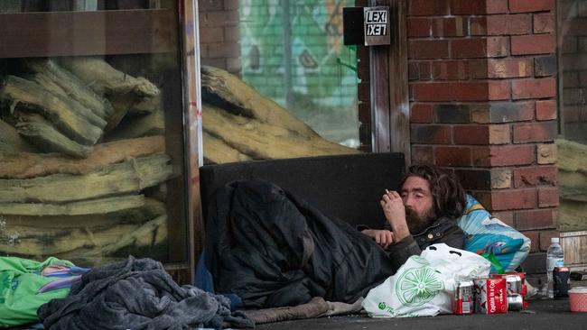 Homeless people are sleeping rough in Melbourne during COVID-19 pandemic with some refusing hotel rooms in the city. Picture: Jason Edwards