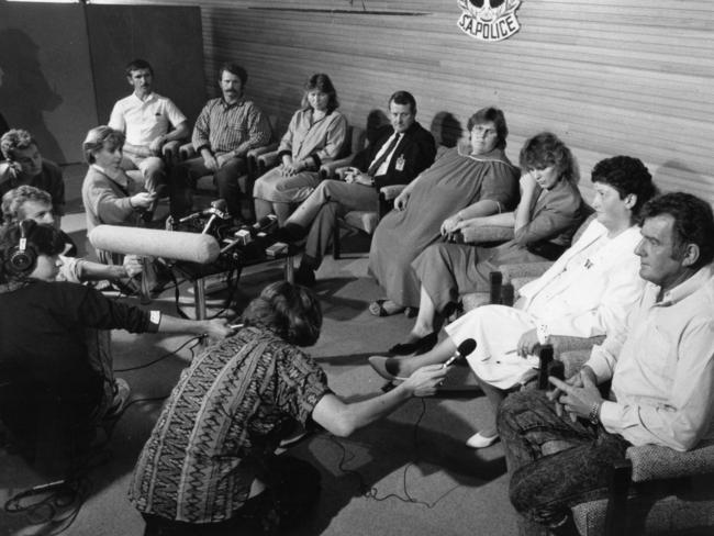 Relatives of some of the believed Family victims attend a police press conference in 1988: (From left) Peter Stogneff's uncle Fred Tzeegmkoff, and parents, Alex and Lydia, Chief Superintendent Gerry Edwards, Alan Barnes's mother, Judith, and sister, Cherie, and Mark Langley's parents, Janice and David. File picture