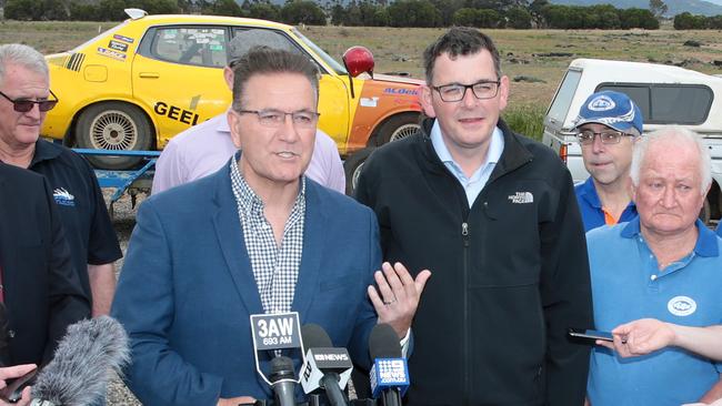 Premier, Daniel Andrews and John Eren make a motorsport announcement at Avalon. Picture: Alison Wynd