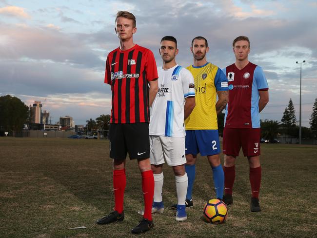 The Gold Coast Premier League football finals start this weekend. The four captains, Matt Noble (Burleigh Heads), Bruno Rodriguez (Surfers Paradise), Leon Bell (Broadbeach United) and Mark Ingerson (Coomera) are ready. Picture Glenn Hampson