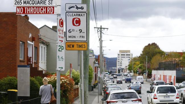 A new Clearway sign near on Macquarie Street, Hobart as the State Government implements strict measures during morning peak hour traffic. Picture: MATT THOMPSON