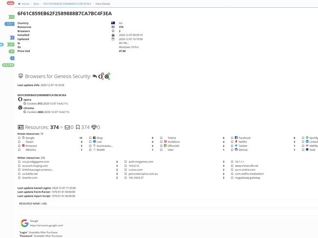 A snapshot showing Australians’ details for sale. Picture: Supplied