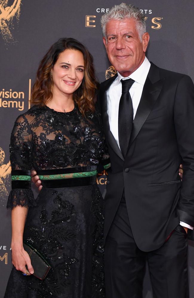 Asia Argento and Anthony Bourdain at the 2017 Creative Arts Emmy Awards at Microsoft Theater in Los Angeles in September. Picture: AFP