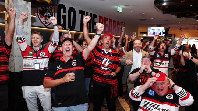 Bears fans in Sydney celebrate the entry of the Perth team to the NRL competition from 2027. Picture: Tim Hunter.