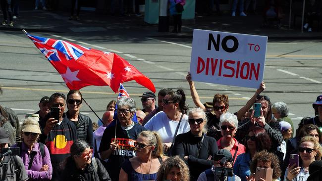 A small crowd gather in Melbourne to support the ‘freedom rally’. Picture: NCA NewsWire / Luis Enrique Ascui