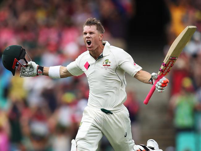 Australia's David Warner celebrates his century in a session before lunch on Day 1 of SCG Test. Picture: Phil Hillyard