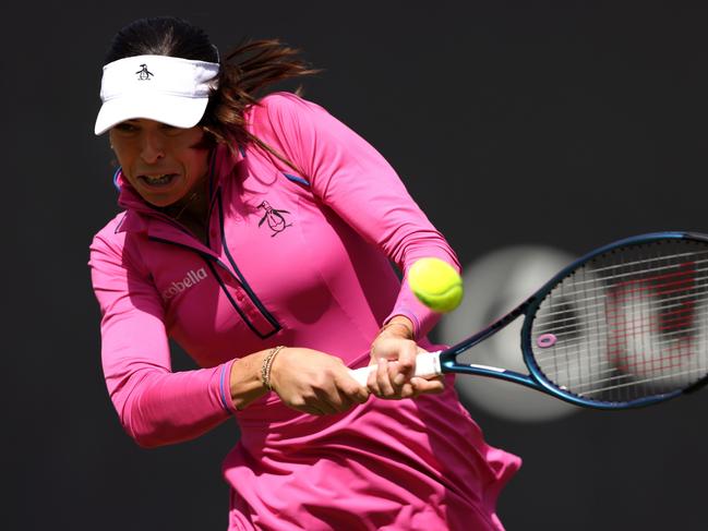BIRMINGHAM, ENGLAND - JUNE 19: Ajla Tomljanovic of Australia plays a backhand against Zhu Lin of China during the Women's Singles Round of 16 match on Day Five of the Rothesay Classic Birmingham at Edgbaston Priory Club on June 19, 2024 in Birmingham, England.  (Photo by Paul Harding/Getty Images for LTA)
