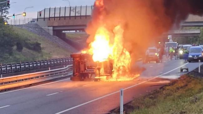 Two people were transported to Nambour Hospital on Saturday morning following a fiery crash on the Bruce Hwy. Picture: Facebook