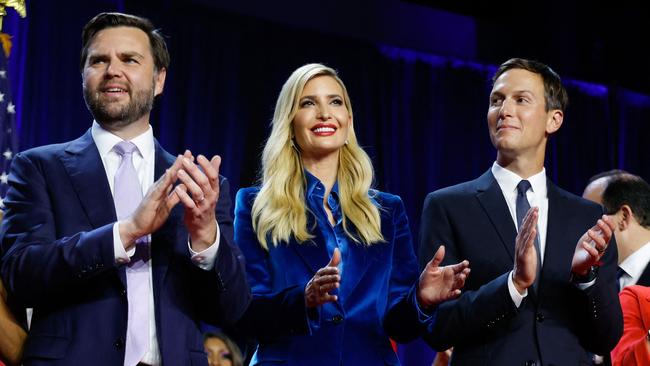 WEST PALM BEACH, FLORIDA - NOVEMBER 06: (L-R) Republican vice presidential nominee, U.S. Sen. J.D. Vance (R-OH), Ivanka Trump and Jared Kushner arrive as Republican presidential nominee, former U.S. President Donald Trump speaks during an election night event at the Palm Beach Convention Center on November 06, 2024 in West Palm Beach, Florida. Americans cast their ballots today in the presidential race between Republican nominee former President Donald Trump and Vice President Kamala Harris, as well as multiple state elections that will determine the balance of power in Congress.   Chip Somodevilla/Getty Images/AFP (Photo by CHIP SOMODEVILLA / GETTY IMAGES NORTH AMERICA / Getty Images via AFP)