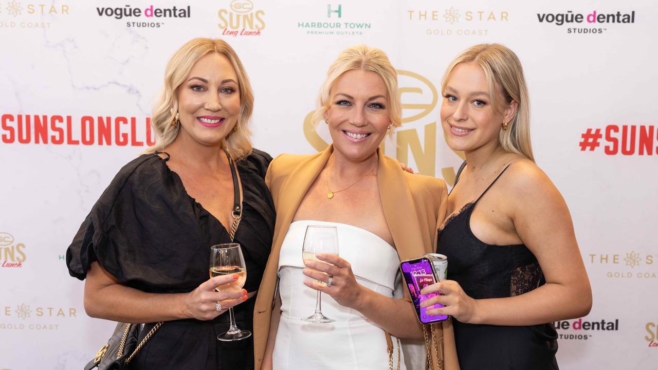 Anoushka Stevens, Elicia Rose and Onjalique Stevens at the Gold Coast Suns Long Lunch at The Star Gold Coast. Picture: Celeste Humphrey (The Pulse with Portia Large).