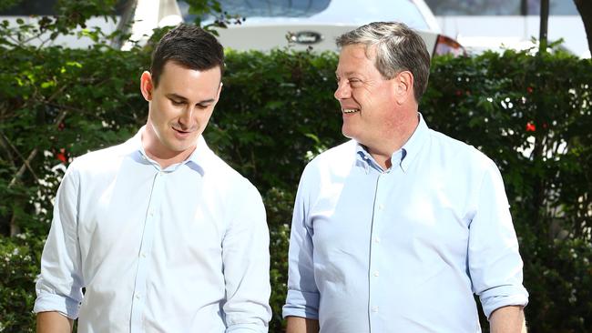 LNP leader Tim Nicholls with Bonney LNP candidate Sam O'Connor at Southport — they have been discussing community concern about crime. Picture Glenn Hampson