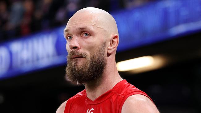 MELBOURNE, AUGUST 2, 2024: 2024 AFL Football – Round 21 – Western Bulldogs V Melbourne Demons at Marvel Stadium. Max Gawn of the Demons drops his head after the loss. Picture: Mark Stewart