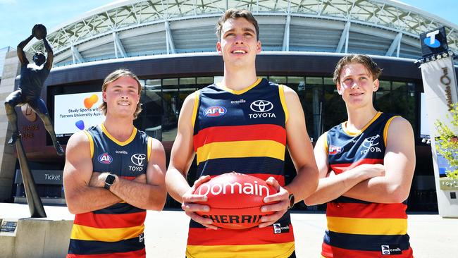 Luke Pedlar, Riley Thilthorpe and Brayden Cook after being drafted by the Crows. Picture: Mark Brake.