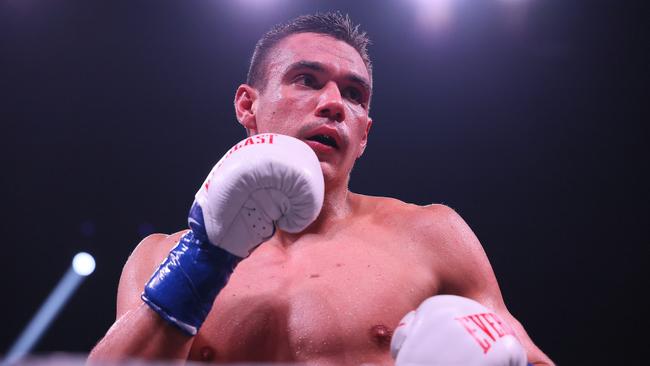 MINNEAPOLIS, MN – MARCH 26: Tim Tszyu (white with blue trunks) v Terrell Gausha (white with red and gold trunks) box in the Super Welterweight main event at the Armory on March 26, 2022 in Minneapolis, United States. Tszyu, in his USA debut defeated Gausha by judges decision. (Photo by Adam Bettcher/Getty Images)