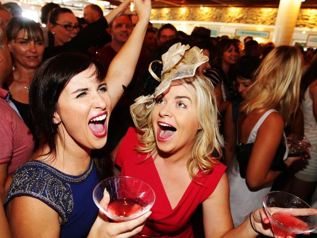 Ashleigh Murray, and Aoife O'Connell watch the Melbourne Cup at the Manly Wharf Hotel in 2015. Picture: Braden Fastier