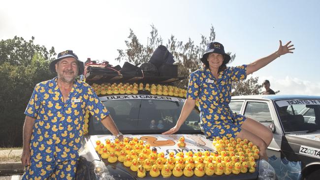 Laurence and Jacinta Bonaventura. Doing it for Mary who died of cancer at 54. All the ducks represent a person that has donated to their rally drive. Shitbox Rally 15th October, 2022. Picture: Marty Strecker