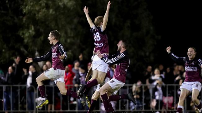 Jacob Leahey celebrates his winning penalty for Elizabeth Downs in its FFA Cup SA quarter-final win over MetroStars. Picture: Adam Butler