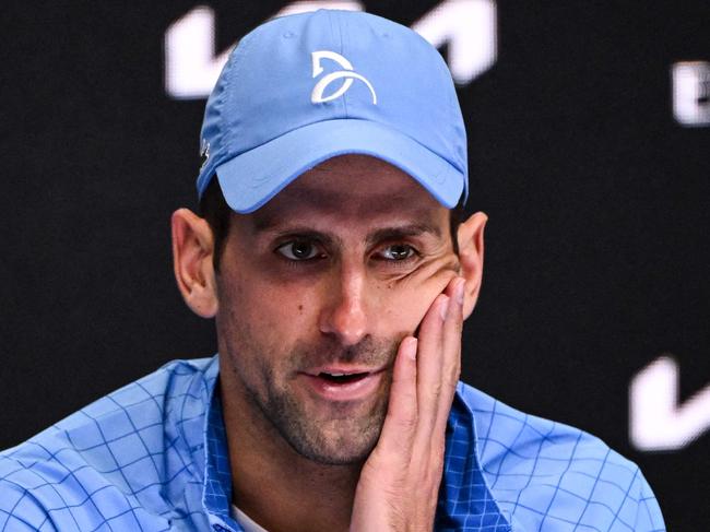 Serbia's Novak Djokovic gives a press conference after his victory against Tommy Paul of the US after their men's singles semi-final match on day twelve of the Australian Open tennis tournament in Melbourne on January 27, 2023. (Photo by WILLIAM WEST / AFP) / -- IMAGE RESTRICTED TO EDITORIAL USE - STRICTLY NO COMMERCIAL USE --