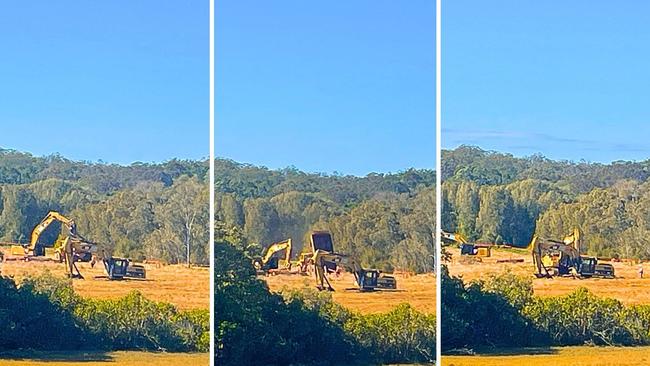 A digger got bogged on the first day of major earthworks for the Shoreline sewerage treatment plant in southern Redland Bay. Pictures: Contributed