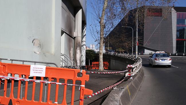 The scene where the Nissan lost control and struck the wall of the Novotel before bursting into flames. Picture: Danny Aarons