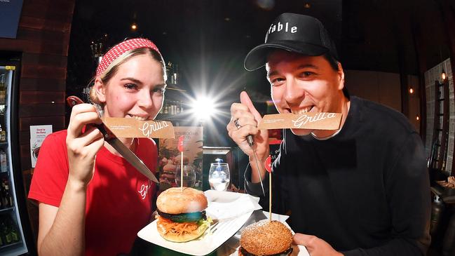 Fable Foods’ owner Michael Fox has showcases his vegan mushroom "meat" at Grill'd, Kawana Shopping Centre, with the help of Starlea Wyllie, assistant restaurant manager. Picture: Patrick Woods