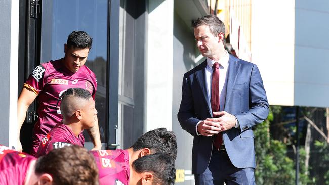 Dave Donaghy Brisbane Broncos new CEO meets with players in at Red Hill during training. Picture: Liam Kidston.