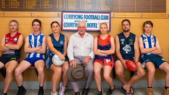 L-R Patrick Riley (Corryong), Henry Waters (Tumba), Sophie Greenhill (Cudgewa), Gordon Nicholas (UMFNL President), Bec Singe (Corryong), Mitch Pynapples (Cudgewa), Sam Clarke (Tumba) and Mary Middleton (Tumba). Photo: Simon Dallinger