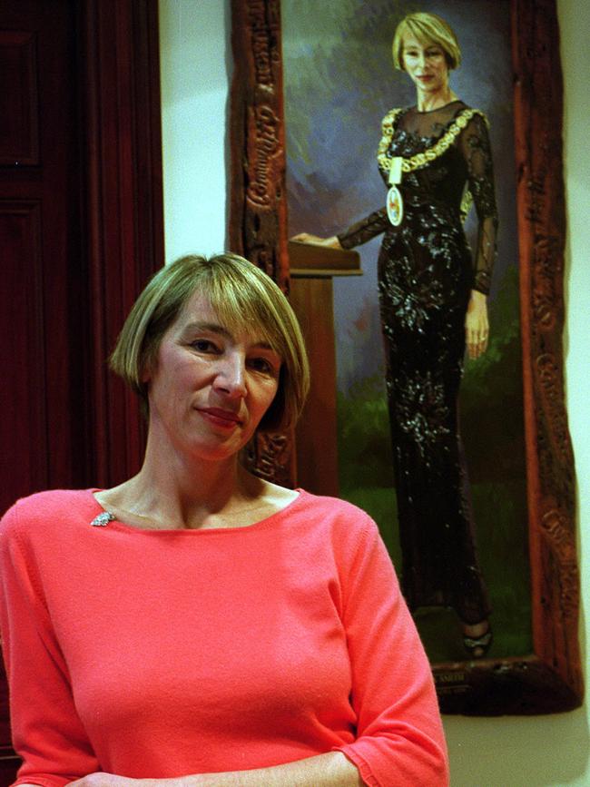 Jane Lomax-Smith next to her official portrait at Town Hall, in 2000. Picture: Tony Lewis