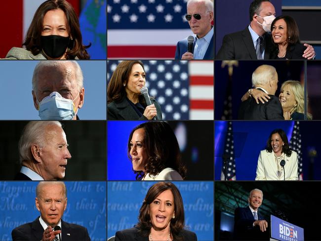 Combination images show Joe Biden and Kamala Harris as they celebrate winning the US election. Picture: AFP