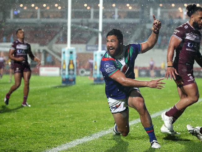 Peta Hiku of the Warriors celebrates after scoring a try. Picture: Cameron Spencer/Getty Images