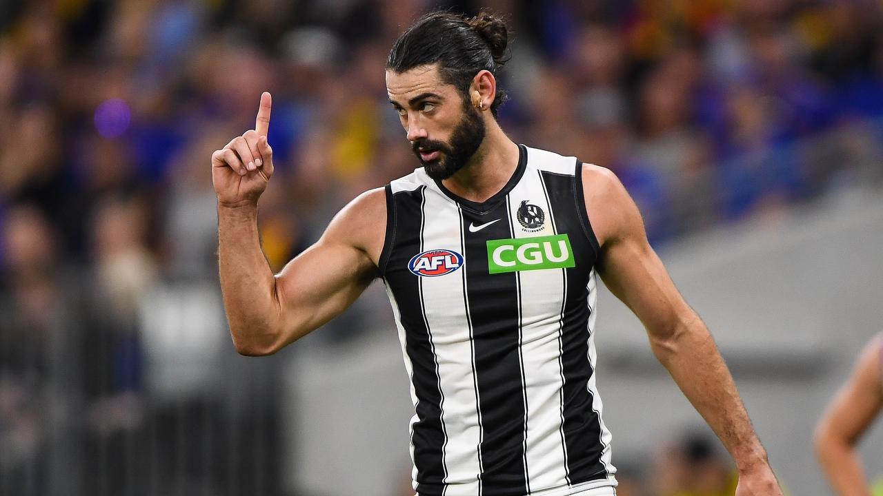 Brodie Grundy slotted two first-quarter goals. Picture: Daniel Carson/AFL Photos/Getty Images